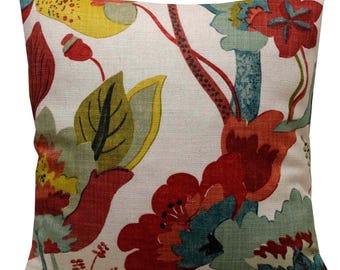 GP & J Baker California Cushion Designer Floral Pillow 16x16, Teal/Pimento