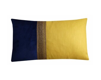 Decorative Lumbar Cushion Teal Yellow Ochre and Gold Rectangle Throw Pillow Cover in Velvet and Linen