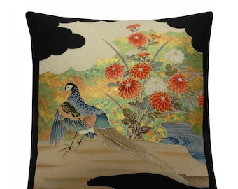 Japanese Silk Bird Cushion Cover with Red Flowers & Gold Accents, Asian Floral Throw Pillow Case 16x16