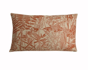 Botanical Linen Cushion Beige Terracotta Floral Lumbar Pillow Cover 12x20, Nature Decor, Housewarming Gift