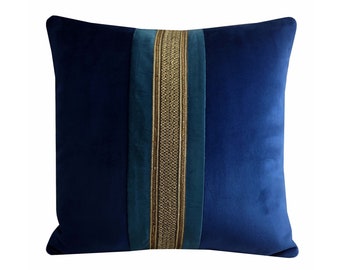 Blue and Gold Velvet Cushion Teal Luxury Decorative Throw Pillow Cover 17x17