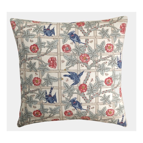 Coussin en treillis William Morris, taie d'oreiller à imprimé floral et oiseaux, 100 % coton, différentes tailles