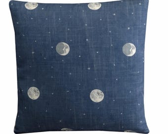 Andrew Martin Over The Moon Cushion Denim Blue and White Designer Pillow Cover, Double-Sided