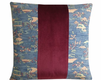 Chinoiserie Cushion in Blue Silk & Red Velvet, Japanese Decorative Pillow Cover 18x18, Asian Home Decor