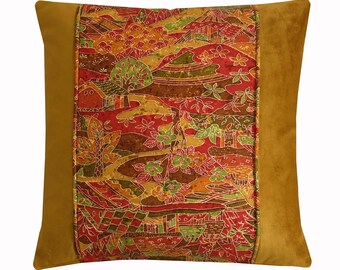 Ochre Floral Cushion Japanese Chinoiserie Pillow Cover 16x16, Earth Tones, Made with Velvet & Kimono Fabric