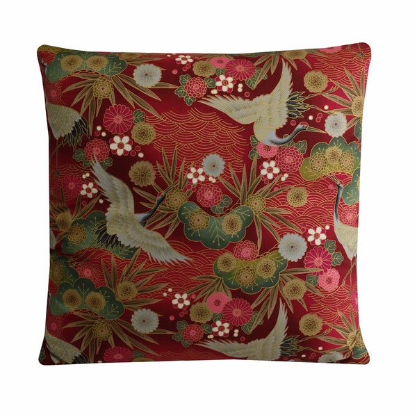 Red Crane Cushion Oriental Floral Pillow Cover with Metallic Gold Highlights