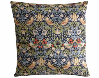 William Morris Strawberry Thief Cushion Indigo Floral Zippered Pillow Cover 100% Cotton, Various Sizes