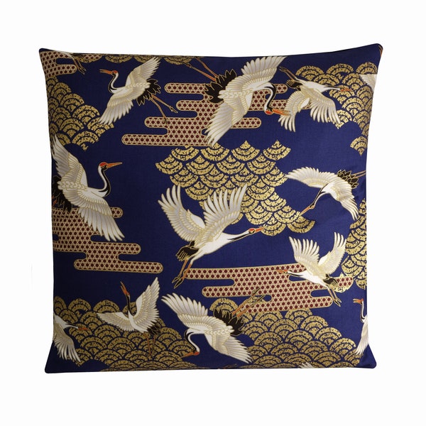 Crane Bird Cushion Blue and Gold Oriental Pillow Cover 18x18