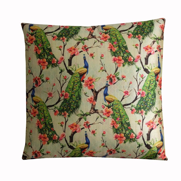 Peacock Cushion Exotic Bird Floral Faux Silk Decorative Throw Pillow Cover 18x18, 12x20