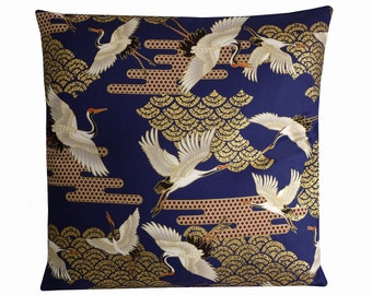 Crane Bird Cushion Blue and Gold Oriental Pillow Cover 18x18
