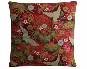Red Crane Cushion Oriental Floral Pillow Cover with Metallic Gold Highlights