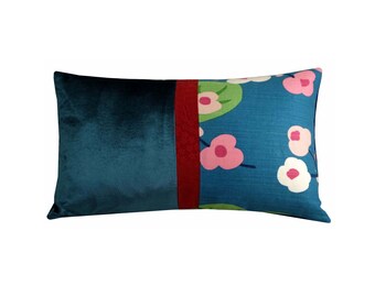 Floral Cushion Turquoise Teal Velvet and Linen Lumbar Pillow Cover 12x20