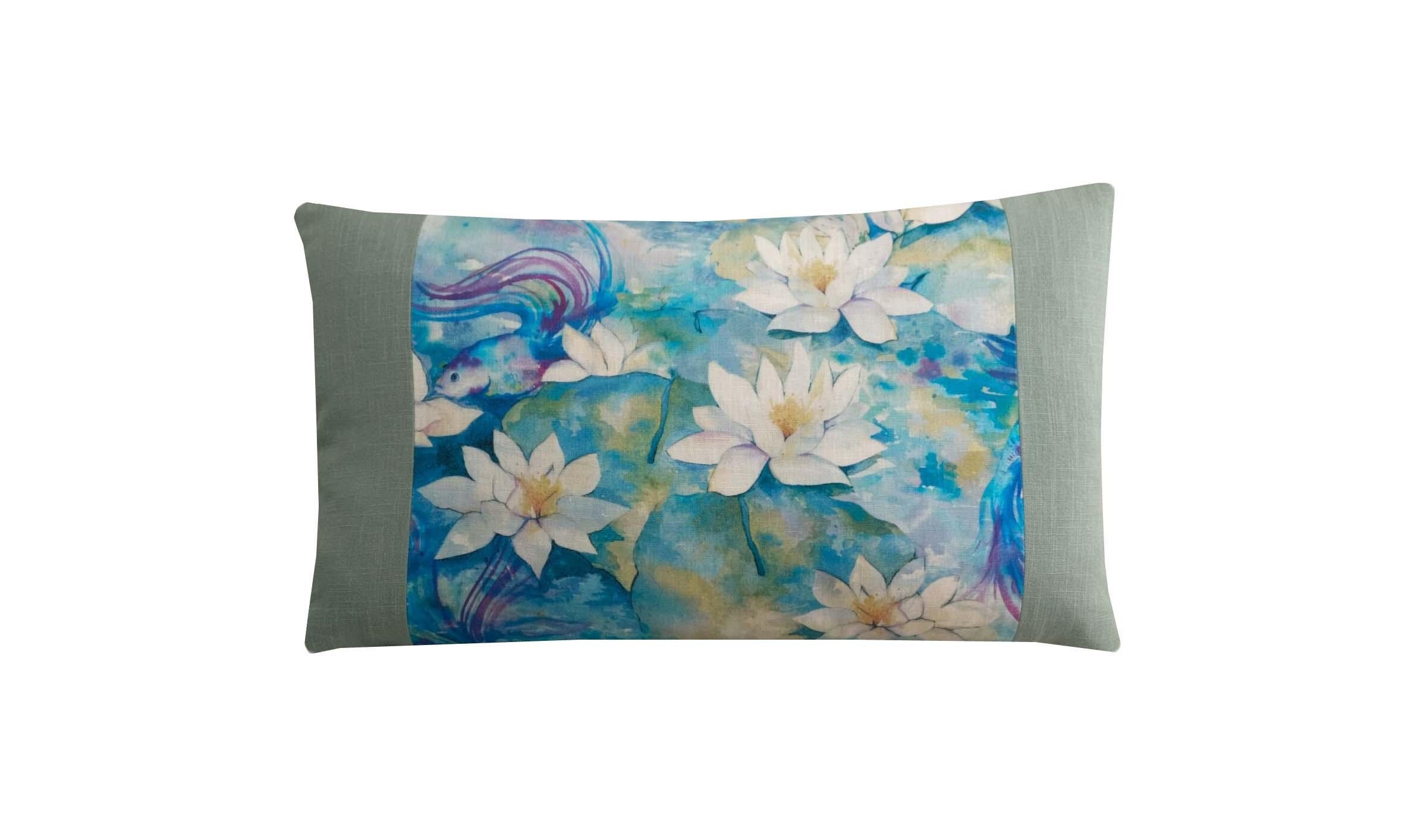 Blue Floral Linen Lumbar Cushion, Water Lily & Koi Print Blue Floral Linen Lumbar Cushion, Water Lily & Koi Print