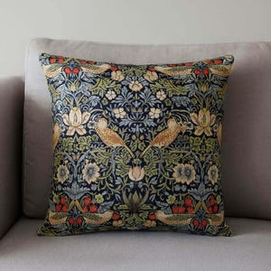 William Morris Strawberry Thief Cushion Indigo Floral Zippered Pillow Cover 100% Cotton, Various Sizes