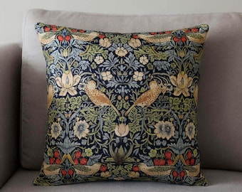 William Morris Strawberry Thief Cushion Indigo Floral Zippered Pillow Cover 100% Cotton, Various Sizes