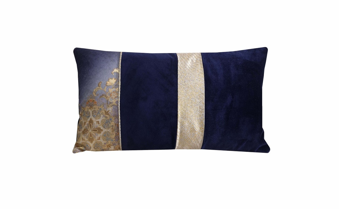 View of Navy and Gold Cushion Japanese Floral Pillow Cover in Velvet and Silk ...