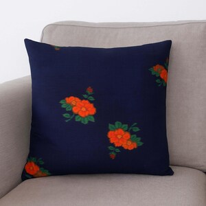 Navy Blue Japanese Cushion with Red Persimmon Flowers Silk Blend Asian Floral Pillow Cover 18x18
