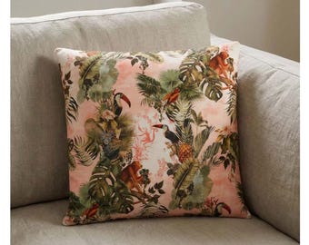 Tropical Rainforest Cushion, Toucan and Monkey Print, Jungle Pillow Cover 16x16