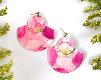 The Ophelia - Cerise // Ready to Ship, Statement Earring, Lightweight Earring, Brass Jewelry, Modern Contemporary Jewelry, Pink Earrings