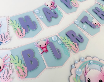 Bannière joyeux anniversaire axolotl, décorations de fête axolotl, bannière de fête à thème axolotl mignon océan, bannière axolotl, bannière créature de l'océan
