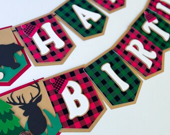 Lumberjack Happy Birthday Banner Lumberjack Theme Party Decorations Black Bear Banner Buffalo Plaid Birthday Banner Lumberjack Theme Party,