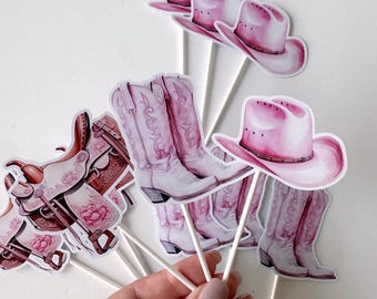 Ozdoby na babeczki w stylu kowbojki, dekoracje na imprezę w stylu western kowbojki, ozdoby na babeczki urodzinowe w stylu rodeo, różowe ozdoby na babeczki w stylu kowbojki
