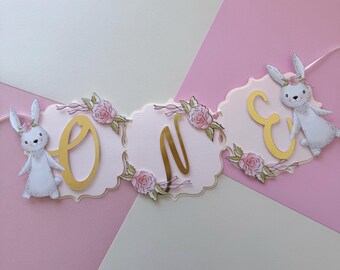 Bunny High Chair Banner, Floral First Birthday Decorations, Easter Theme High Chair Banner