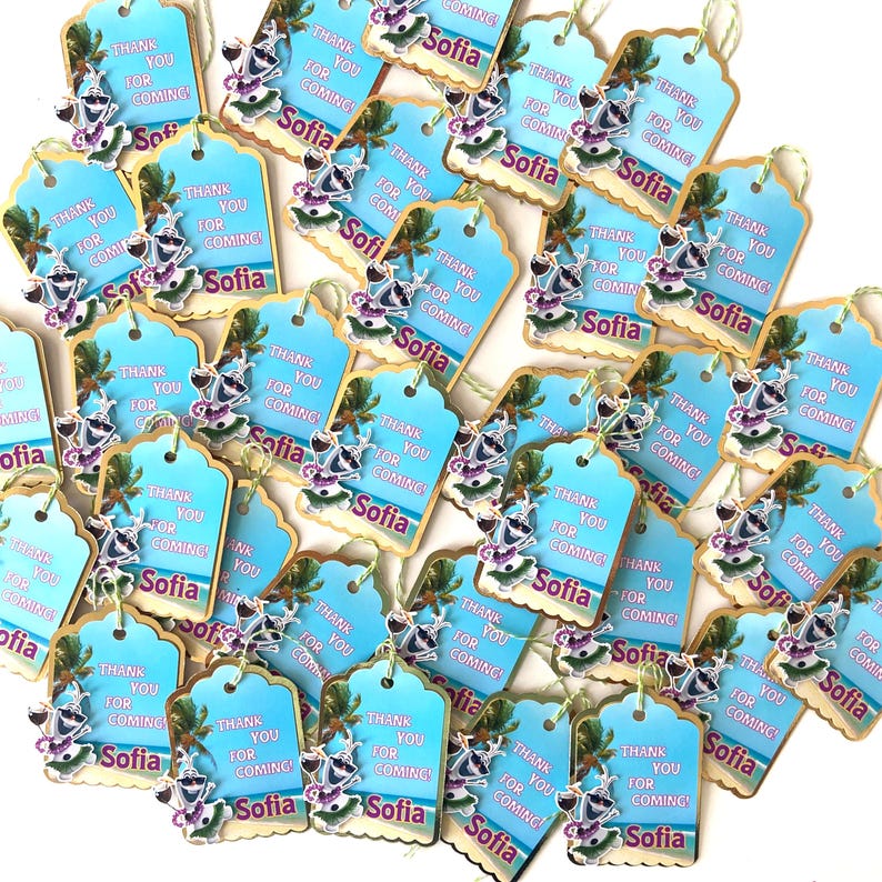 May include: A collection of light blue gift tags with a beach theme. Each tag has the words "THANK YOU FOR COMING! Sofia" printed on it, along with a cartoon image of a person with a drink. The tags have a scalloped edge and a green string.