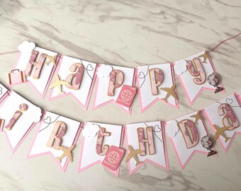 Travel Adventure Theme Birthday Banner, Airplane Birthday Party Decor, Airplane Banner for Girls, Airplane Party Decorations