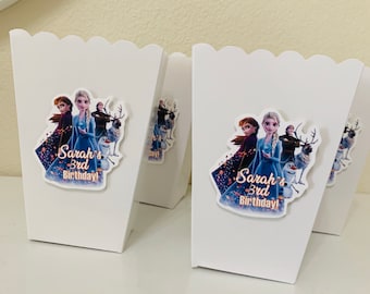 Cajas de palomitas de maíz de Frozen, decoraciones para fiestas de Frozen, bolsas de regalo personalizadas de Frozen, bolsas de palomitas de maíz con temática de Frozen, decoración para fiestas de Ana y Elsa
