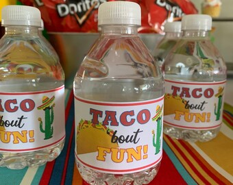 Etiquetas de botellas de agua Fiesta, Decoraciones de fiestas Fiesta Taco, Envoltorios de botellas de fiesta Fiesta, Fiesta temática de Taco, Etiquetas de fiesta de fiesta, Tema de fiesta