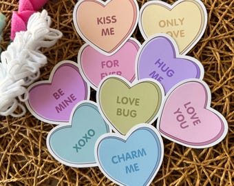 Conversation Hearts Stickers Valentines Day Stickers Conversation Hearts Decals Valentines Bookish Stickers Valentines Candy Hearts Labels