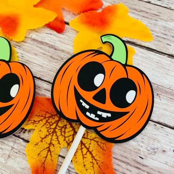 Halloween Cupcake Toppers, handmade halloween decoration, pumpkin toppers, halloween party decor, set of 12 Il_570xn