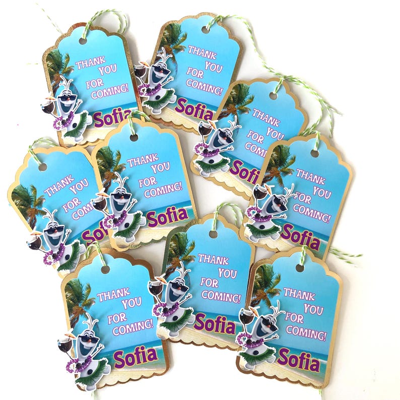 May include: A collection of gift tags with a tropical theme. Each tag features a blue sky background, a cartoon character, and the text "THANK YOU FOR COMING!" and the name "Sofia". The tags are adorned with green string.