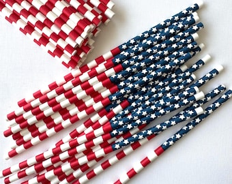 4th of July Paper Straws, Patriotic Red White Blue Striped and Star Straws, Usa Party Decor, Independence Day Drink Straws, Set of 10 straws
