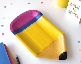 Pencil Shaped Paper Plates, Back to School Party Plates, School Birthday Party Decorations, Classroom Party Tableware Set of 10 plates