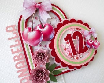 Adorno para tarta de cereza, decoración para fiesta temática de cereza, decoración floral de cumpleaños con cereza, adorno para tarta con temática de cereza y lazo, fiesta de niña rosa y roja