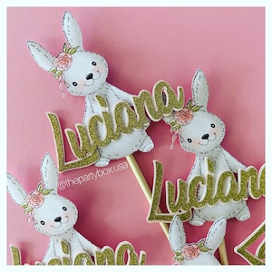 Bunny Cupcake toppers, Personalized Bunny Cupcake Toppers, Easter Bunny Party Decorations, Bunny Theme Party, Rabbit Cupcake Toppers