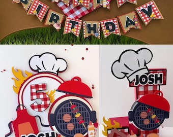 BBQ Picnic Theme Party Decorations, Barbecue Grill Party Supplies, BBQ Backyard Birthday Banner Cake Topper and 3D Letter