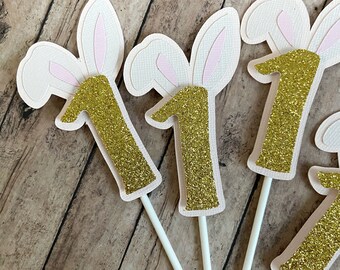 Easter Bunny Cupcake Toppers, Bunny First Birthday Party Decorations, Bunny Ears Cupcake Toppers, Easter Party Decorations, Custom Number