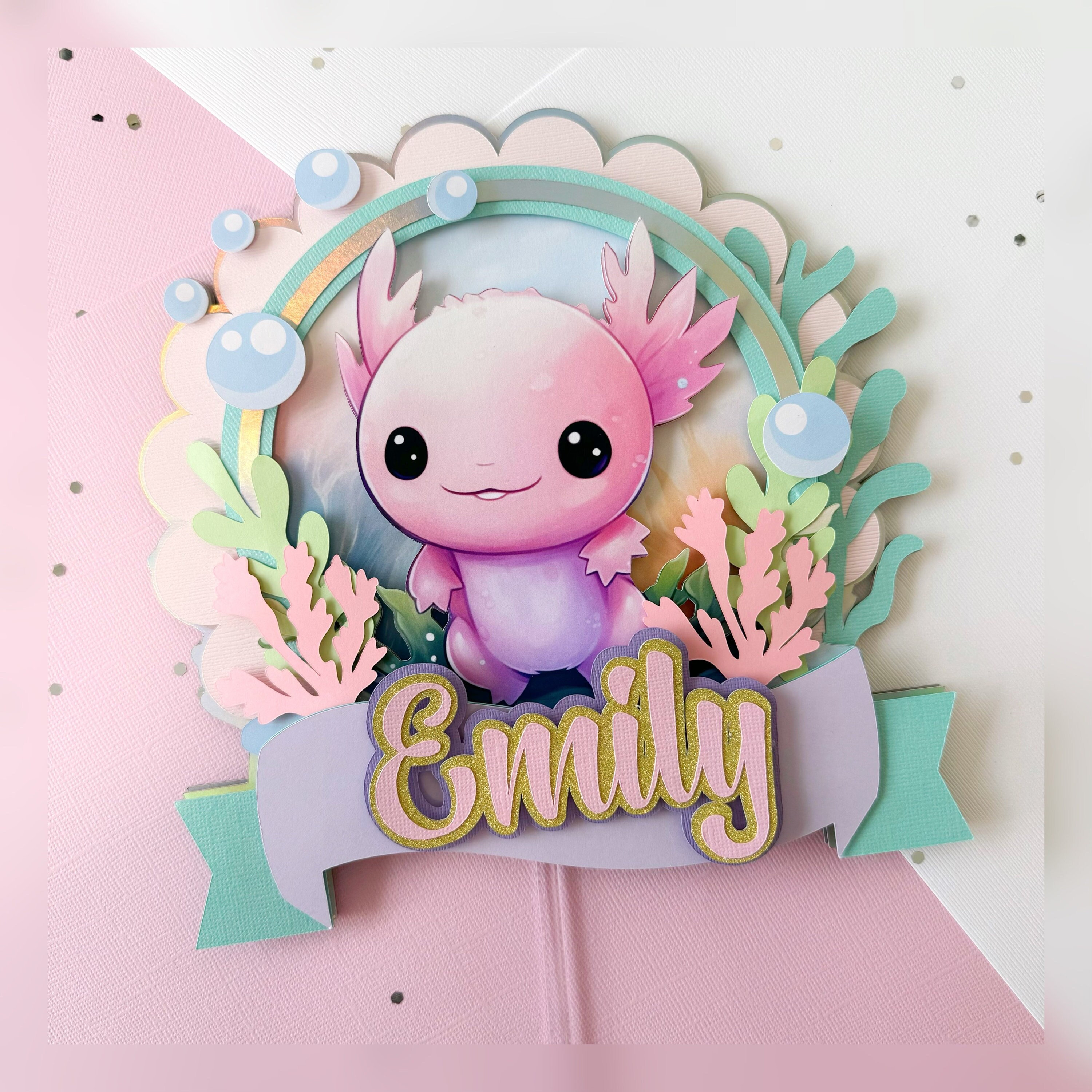 Decorazione per torta axolotl, decorazioni per feste axolotl, festa a tema axolotl, festa con simpatici animali dell'oceano, festa di compleanno axolotl, decorazione per torta a forma di salamandra