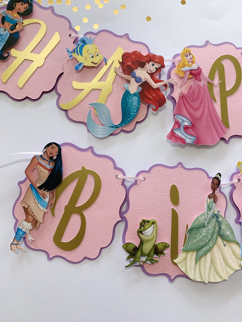 Princess Happy Birthday Banner, Princess Party Decorations, Princess party theme, Disney Princesses banner image 2