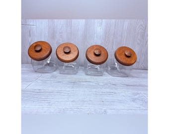 4 botes de cocina vintage con tapa de madera y tarros de cristal para almacenamiento/despensa