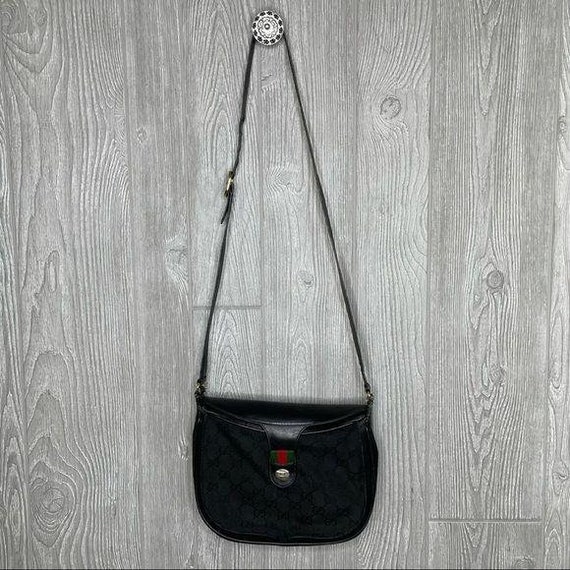 Vintage GUCCI Black Canvas Leather Saddle Purse bag long crossbody strap