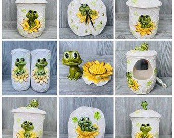 Vintage 1970s neil the frog canisters , salt & pepper , clock and bird house