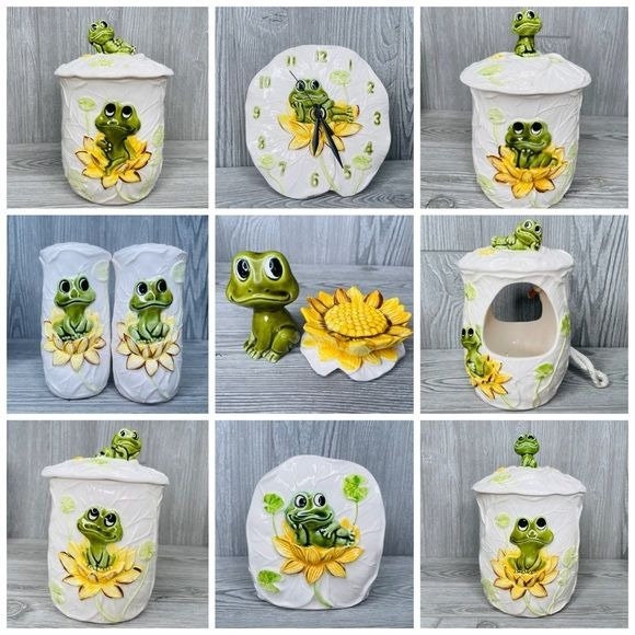 Vintage 1970s Neil the Frog Canisters , Salt & Pepper , Clock and