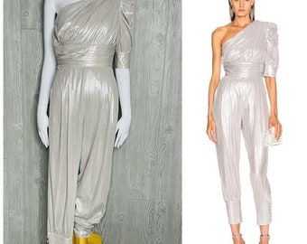 Raro retrofete Thambi Mono / romper un hombro traje retro plateado xs