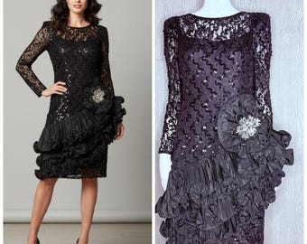 Vintage Lillie Rubin black sequin beaded floral ruffle long sleeve formal dress
