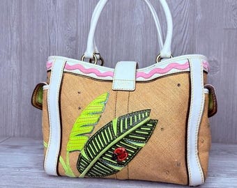Vintage Rare Coach Straw Ladybug Leaf Tote Bag Purse Rhinestone