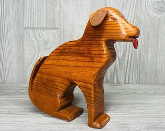Hand Carved wooden dog with leather ears and tongue folk art decorations art